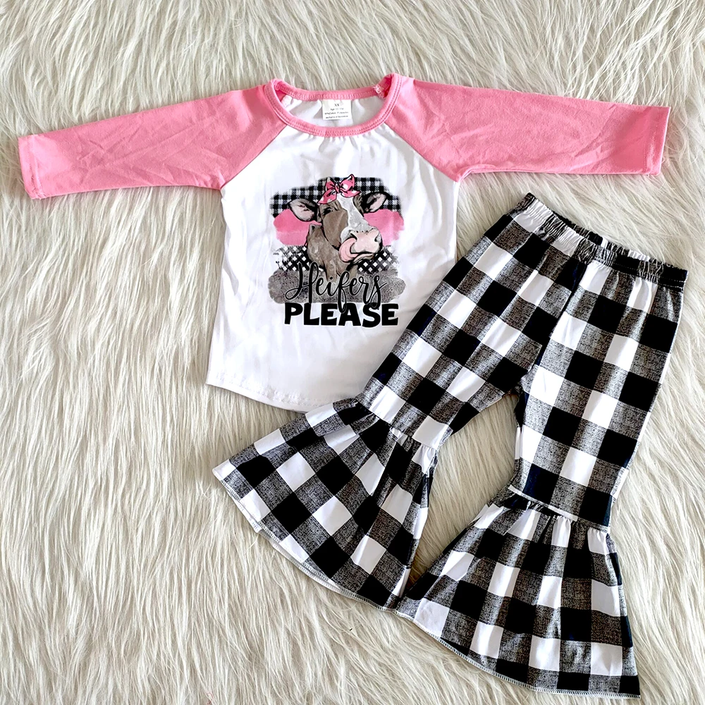 

Wholesale/retail heifer please outfits baby girls cute tops+plaid flare pants 2 pcs set kid boutique children clothing suit