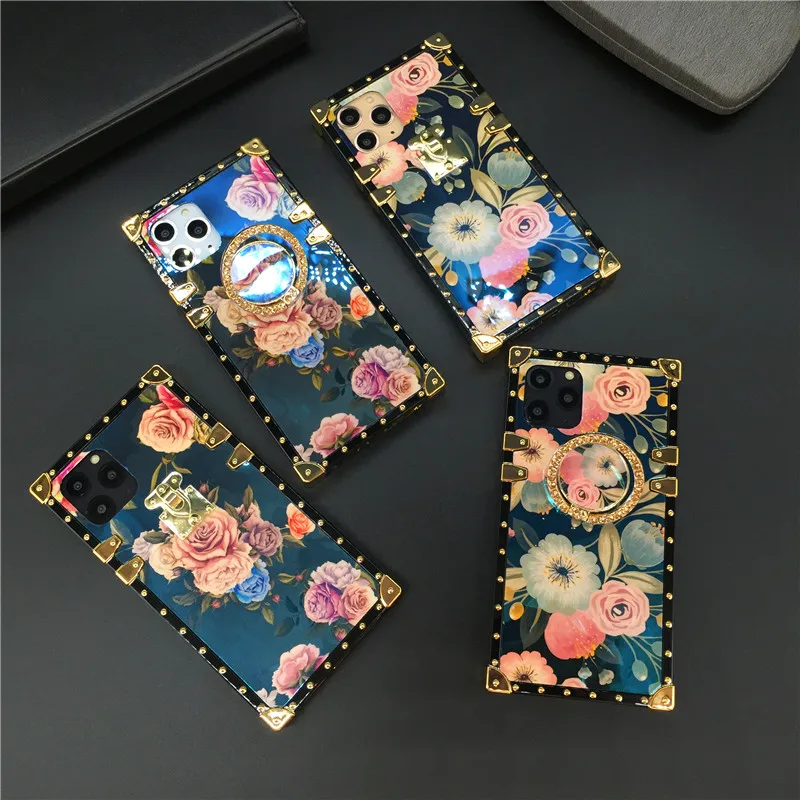 Роскошный винтажный цветочный чехол для iPhone 12 PRO XS Max X XR квадратный лазерный чехлы