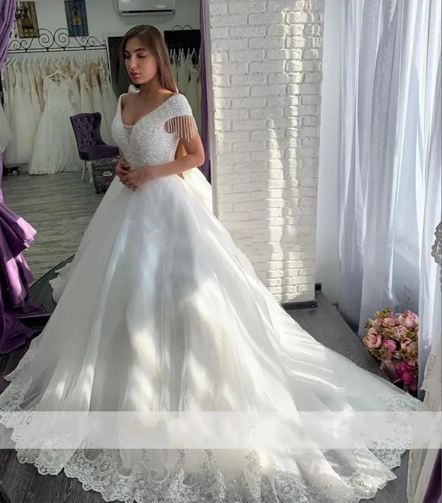 2020-Luxury-Sequin-Tulle-Crystals-Wedding-Dresses-with-Appliques-V-Neck-Off-the-Shoulder-Lace-Up