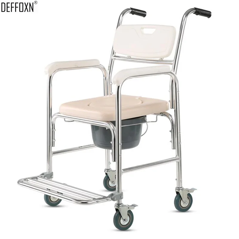 

3 in 1 Aluminum Alloy 4-Wheel Brake Bath Chair Toilet Commode Wheelchair for Elderly Pregnant Disabled People Bedpan Foot Pedal