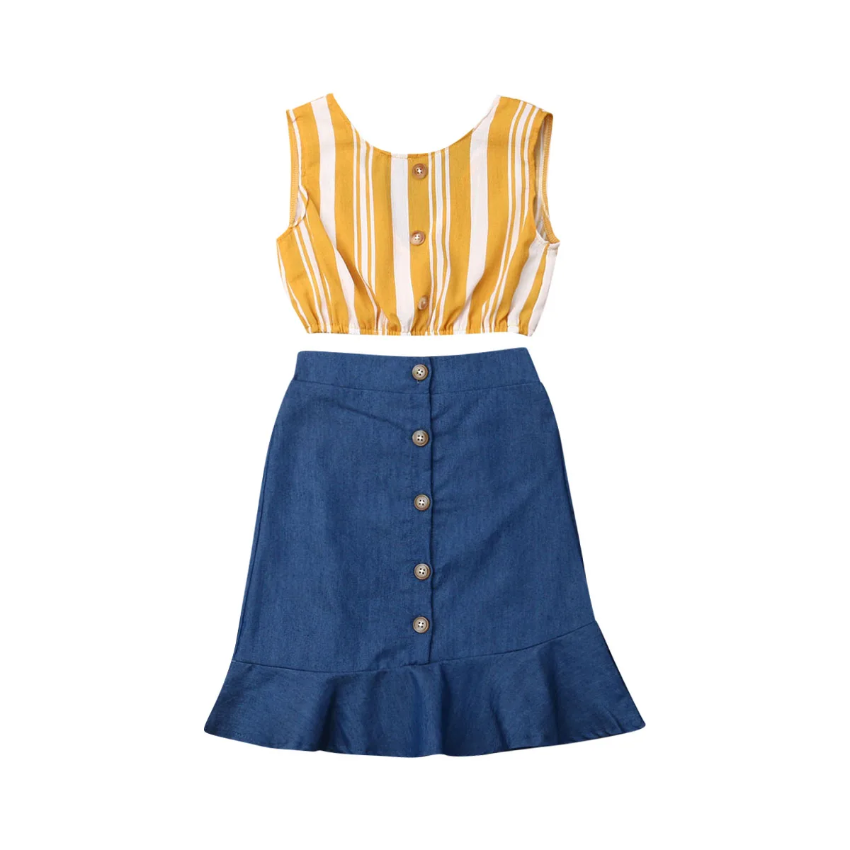 2019 Baby Summer Clothing Kids Baby Girls Clothes Sleeveless Striped Crops Shirts Tops Denim Button Skirt 2Pcs Outfit 2-7T
2019 Baby Summer Clothing Kids Baby Girls Clothes Sleeveless Striped Crops Shirts Tops Denim Button Skirt 2Pcs Outfit 2-7T