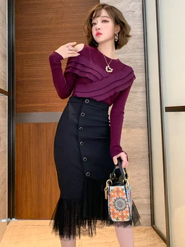 Off-the-shoulder pleated lace slim bottoming shirt + high waist mesh skirt suit women's 2020 autumn new 
Off-the-shoulder pleated lace slim bottoming shirt + high waist mesh skirt suit women's 2020 autumn new