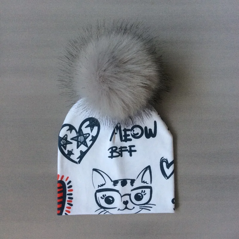 Kids Girls Hats Cat Printing Cotton Pompom Hat For Girls Winter Children Caps Faux Fur Baby Hat Bonnet Kids Girls Hats Cat Printing Cotton Pompom Hat For Girls Winter Children Caps Faux Fur Baby Hat Bonnet