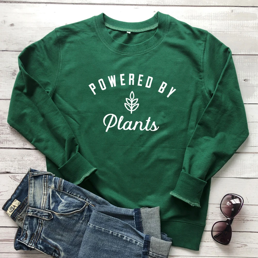 

Powered By Plants 100%Cotton Sweatshirt Cute Women Plant Based Vegan Sweatshirts Casual Long Sleeve Graphic Vegetarian Pullovers