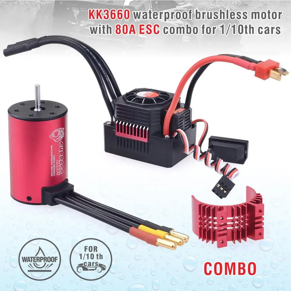 Surpass Hobby KK Waterproof ESC Brushless Motor 3660 2200/2600/3100KV with 80A ESC Heat Sink for 1/10 RC Car Tamiya Axial Redcat
Surpass Hobby KK Waterproof ESC Brushless Motor 3660 2200/2600/3100KV with 80A ESC Heat Sink for 1/10 RC Car Tamiya Axial Redcat
