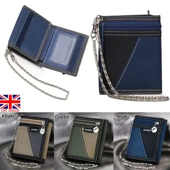Mens Boys Girls Plain Canvas Tri-Fold Wallet Card Cash Wallet with Chain