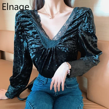 Elnage Spring Autumn Blusas Vintage Blouse Long Sleeve Tops Lace V-neck Pullover Stitching Velvet Sexy Bottoming Shirt 5A579
Elnage Spring Autumn Blusas Vintage Blouse Long Sleeve Tops Lace V-neck Pullover Stitching Velvet Sexy Bottoming Shirt 5A579