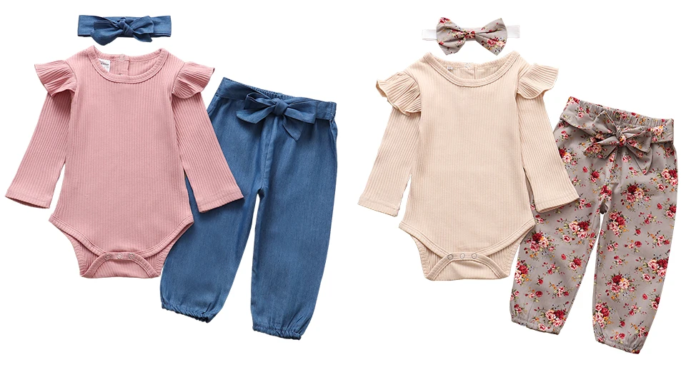 Newborn Baby Girl Clothes Set Fashion Autumn Long Sleeve Solid Color Romper Tops Stripe Pants Headband Infant Clothing Outfits
