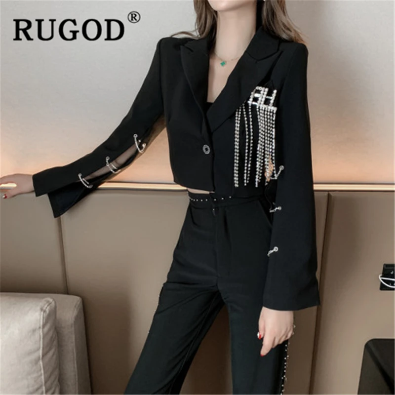 RUGOD 2019 New autumn solid black blazers women notched tassel chain beading jacket high waist fashion femme chaqueta mujer
RUGOD 2019 New autumn solid black blazers women notched tassel chain beading jacket high waist fashion femme chaqueta mujer