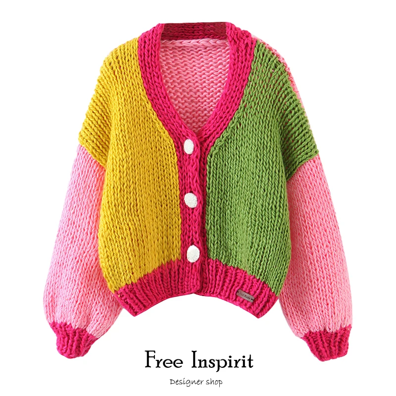 Winter Streetwear Style Acrylic Ladies Sweater Hand Knitted V Neck Cardigan Three Button Candy Stitching Color Women's Sweater
Winter Streetwear Style Acrylic Ladies Sweater Hand Knitted V Neck Cardigan Three Button Candy Stitching Color Women's Sweater