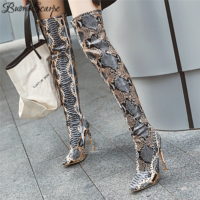 2019 Womens Snake Skin Long Over Knee High Boots Nightclub Stiletto Thigh Shoes