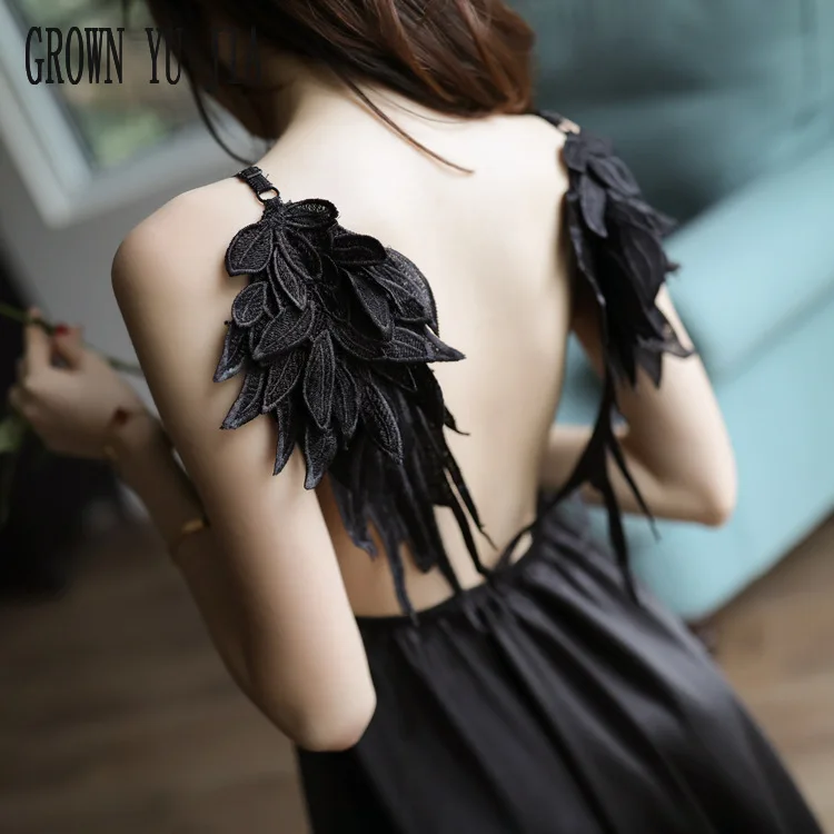 

Sexy woman night sleepwear Deep V Low Chest Erotic lingerie Nightgowns Sling Skirt Backless Ladies porno Angel Wing nightdress