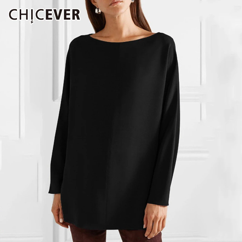 Фото CHICEVER однотонные повседневные футболки для женщин круглый вырез длинный рукав