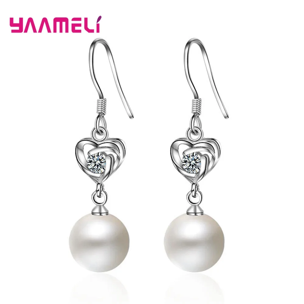 

S925 Sterling Silver Accessories Women Heart Shape Drop Earrings Anti-allergic Graceful Round Pearl Ear Jewelry for Wedding