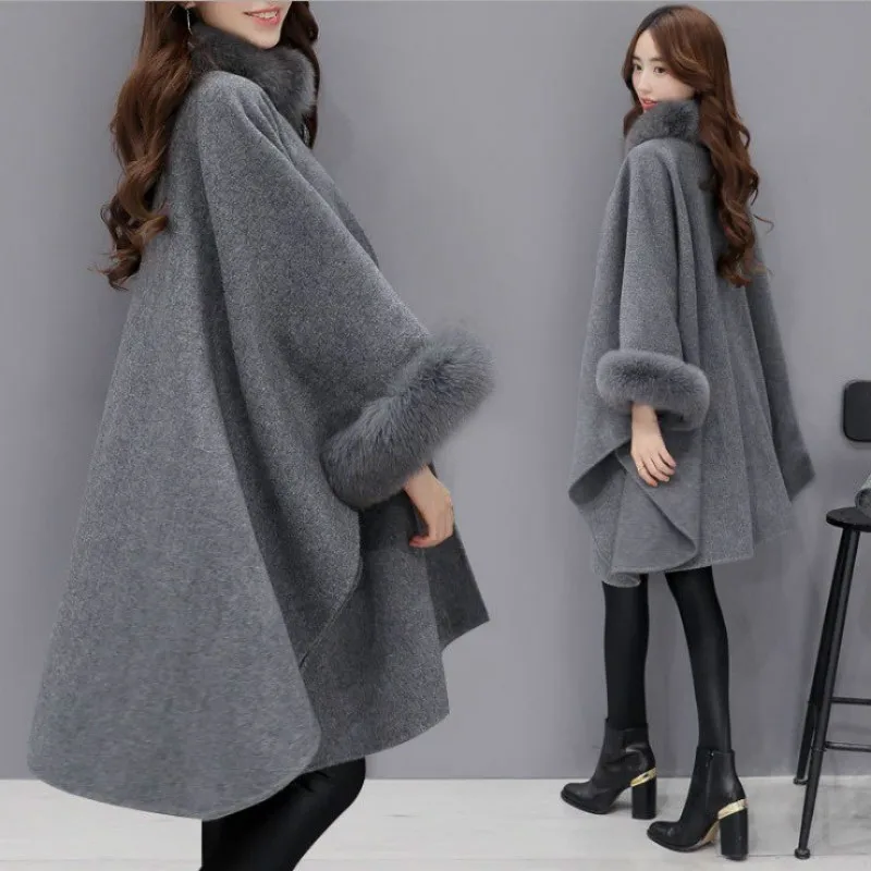 Winter Fake Fur Coat Women's Poncho Jacket Plus Size Bat Sleeve Warm Cape Overcoat Long Cloak Outwear Casual Shawl Female 5XL