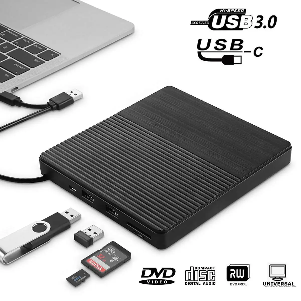 External DVD Drive USB 3.0/Type-C Optical Drive portable DVD RW CD burner Suppot SD cards Reader for Macs Laptop Windows PC External DVD Drive USB 3.0/Type-C Optical Drive portable DVD RW CD burner Suppot SD cards Reader for Macs Laptop Windows PC