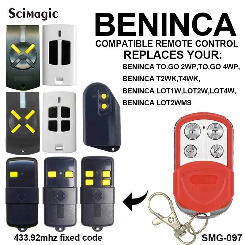 BENINCA TO.GO 2WP,TO.GO 4WP,T2WK,T4WK,LOT1W,LOT2W,LOT4W,LOT2WMS garage gate remote control 433.92 MHz fixed code BENINCA command
BENINCA TO.GO 2WP,TO.GO 4WP,T2WK,T4WK,LOT1W,LOT2W,LOT4W,LOT2WMS garage gate remote control 433.92 MHz fixed code BENINCA command