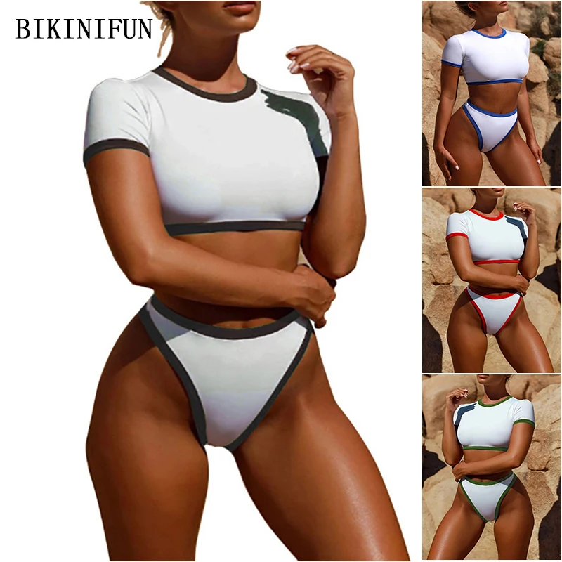 2020 New Tights Swimsuit Women High Neck Swimwear Solid Color Bathing Suit S-XL Girl Pullover Beachwear High Waist Bikini Set
2020 New Tights Swimsuit Women High Neck Swimwear Solid Color Bathing Suit S-XL Girl Pullover Beachwear High Waist Bikini Set