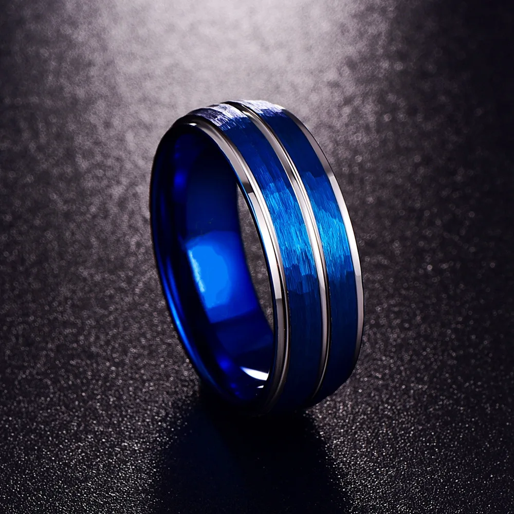 

Men's Wedding Bands Two Tone Blue Hammered Brushed Tungsten Wedding Ring Beveled Edge Anniversary Engagement Ring For Men Women