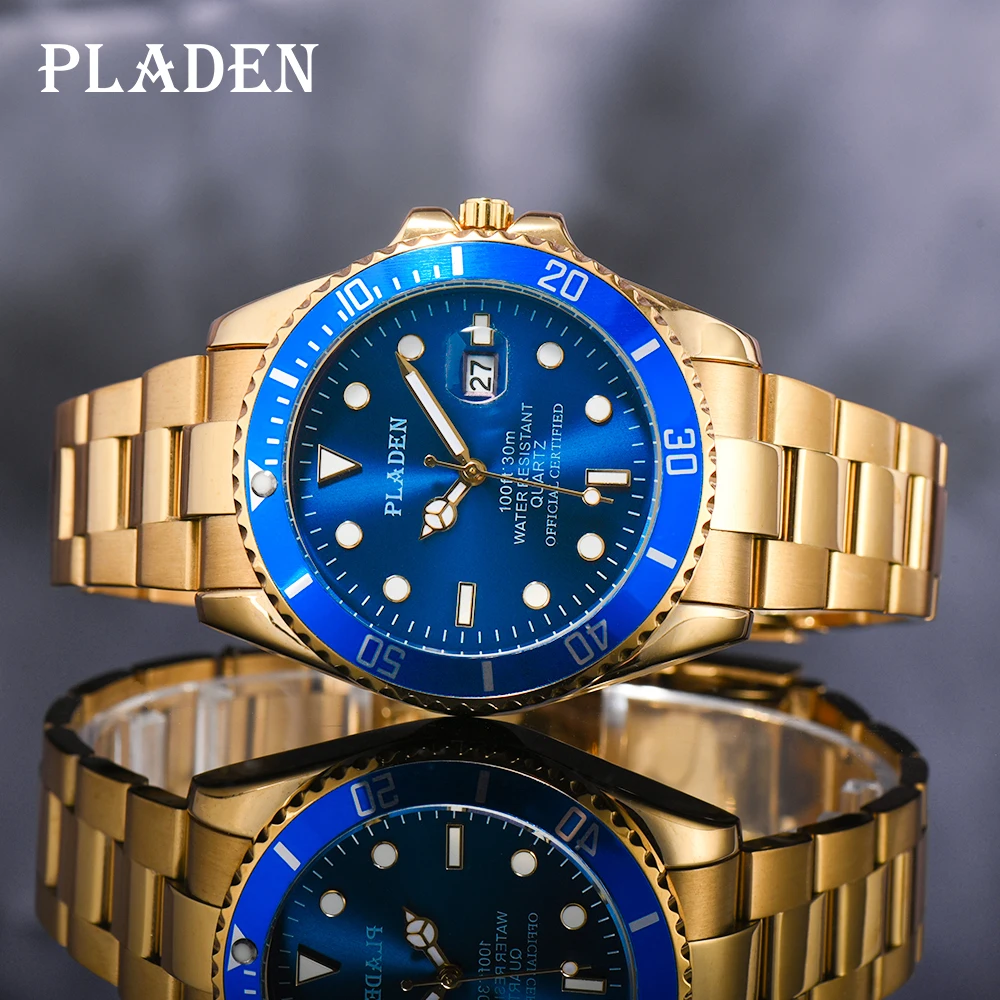 PLADEN Gold Watch Men Luxury Fashion Brand Stainless Steel Blue Dial Auto Calendar Quartz Watches Rotatable Bezel II Timepieces
PLADEN Gold Watch Men Luxury Fashion Brand Stainless Steel Blue Dial Auto Calendar Quartz Watches Rotatable Bezel II Timepieces