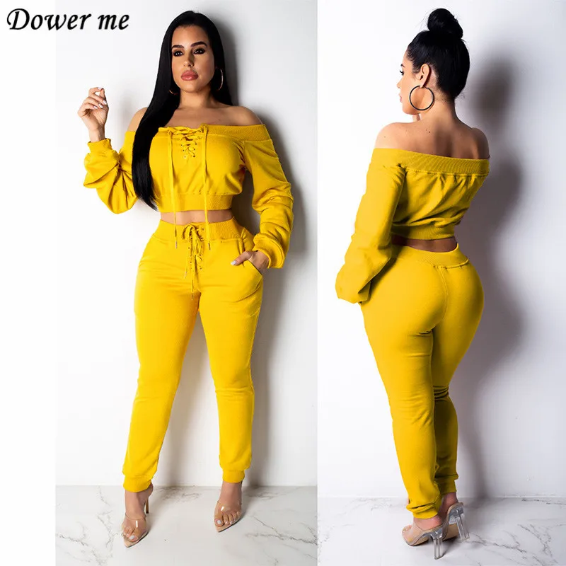 Dower Me Slash Neck Off Shoulder Full Sleeve Lace Up Short Two Piece Set Crop Tops Solid Long Trousers Women Suits NZ206
Dower Me Slash Neck Off Shoulder Full Sleeve Lace Up Short Two Piece Set Crop Tops Solid Long Trousers Women Suits NZ206