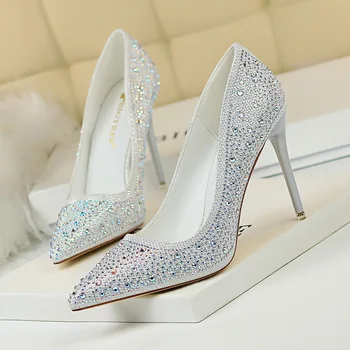 

Luxury Women Shoes Rhinestone Banquet High Heels Womens Shoes Shallow Tip 7cm 10cm Thin Heel Single Crystal Shoes Ladies Shoes