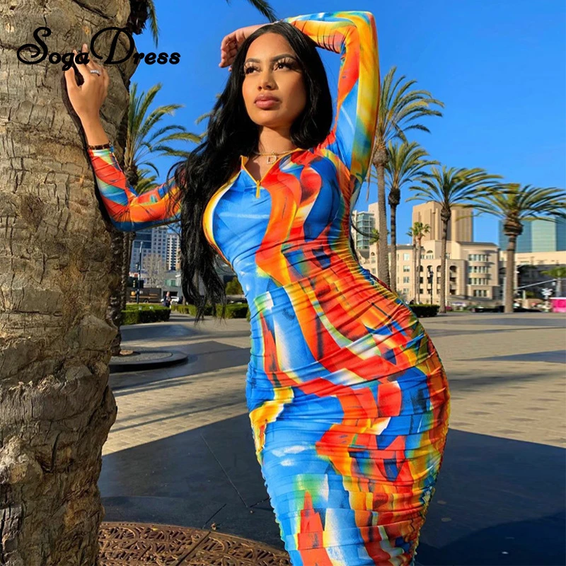 SOGA DRESS 2020 Autumn Women Tie Dye Ruched Midi Dresses Print Sexy Bodycon Zip Up Long Sleeve Elegant Dress Streetwear Outfits
SOGA DRESS 2020 Autumn Women Tie Dye Ruched Midi Dresses Print Sexy Bodycon Zip Up Long Sleeve Elegant Dress Streetwear Outfits