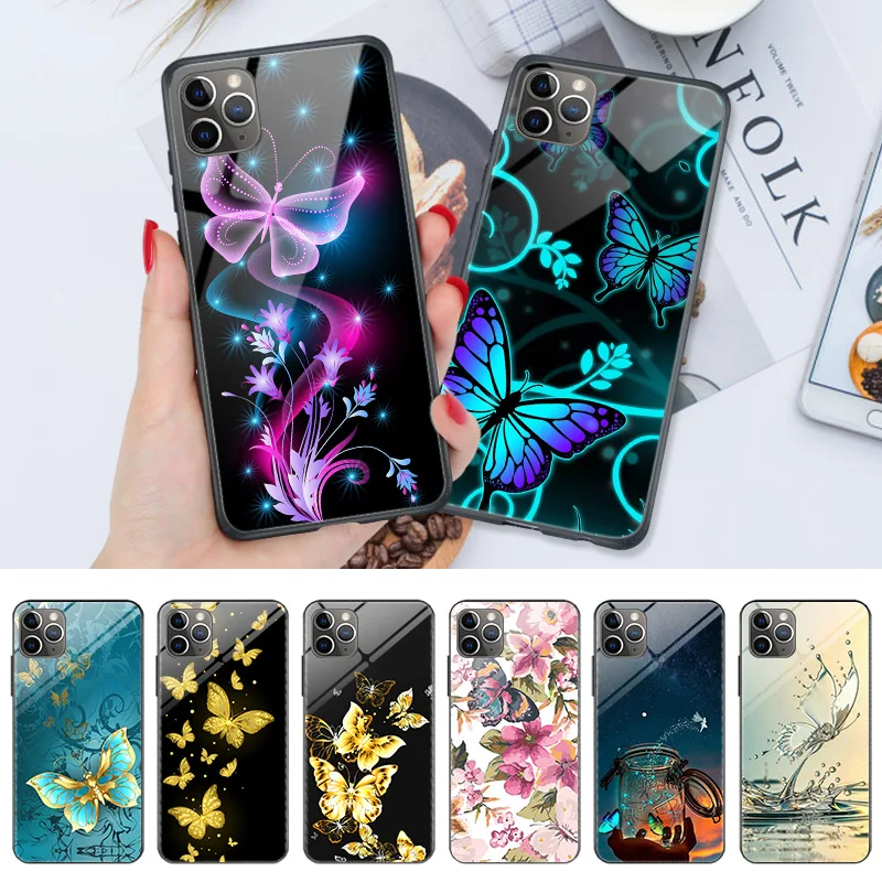 Чехол для iPhone 11 PRO Max Яркий глянцевый твердый пластиковый чехол с бабочкой XR XS MAX X 7