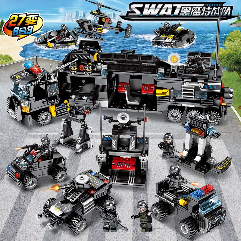 8pcs/lot LegoINGs SWAT City Police Truck Building Blocks Sets Ship Helicopter 