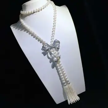 Hand knotting women's jewelry 8-9mm 120cm micro inlaid zircon bowknot accessories white freshwater pearl necklace 
Hand knotting women's jewelry 8-9mm 120cm micro inlaid zircon bowknot accessories white freshwater pearl necklace