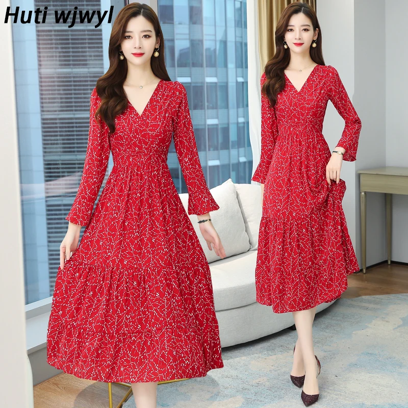 

2024 Autumn Winter Red Vintage Casual Midi Dress Long Sleeve Chiffon Boho Beach Long Dresses Women Korean Party Bodycon Vestidos