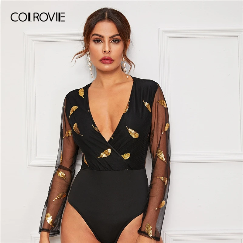 COLROVIE Contrast Sequin Surplice Mesh Sleeve Bodysuit Women Black V Neck Skinny Bodysuit 2019 Fall High Waist Sexy Bodysuit
COLROVIE Contrast Sequin Surplice Mesh Sleeve Bodysuit Women Black V Neck Skinny Bodysuit 2019 Fall High Waist Sexy Bodysuit