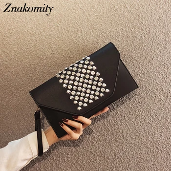 

Znakomity Vintage Womens Evening Clutch Party Bag Rivet Design Woman Elegant Small Crossbody Bags Black Envelop Clutch Bags 2019