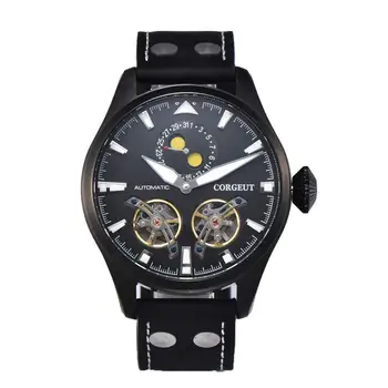 Solid Corgeut 47mm black big dial luminous mineral glass flywheel moon phase display self-winding movement men's watches
Solid Corgeut 47mm black big dial luminous mineral glass flywheel moon phase display self-winding movement men's watches