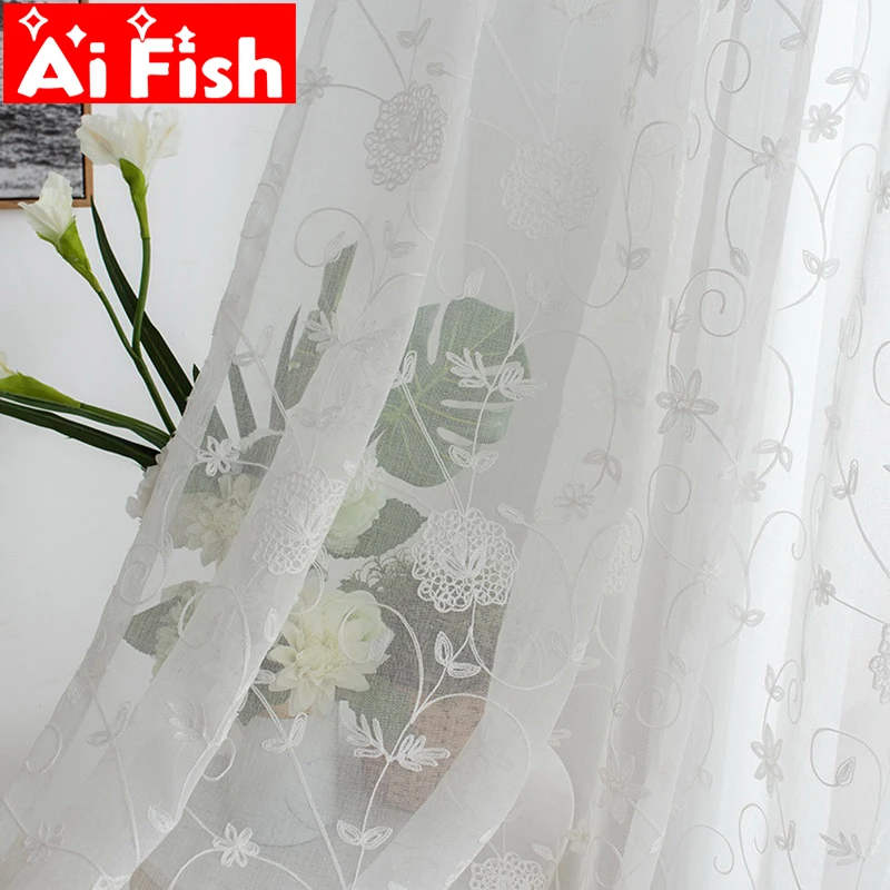 

White Embroidery Flower Screens Pastoral Style Voile Tulle Sheer for Bedroom Living Room Kitchen Windows Curtain Panels M163-5