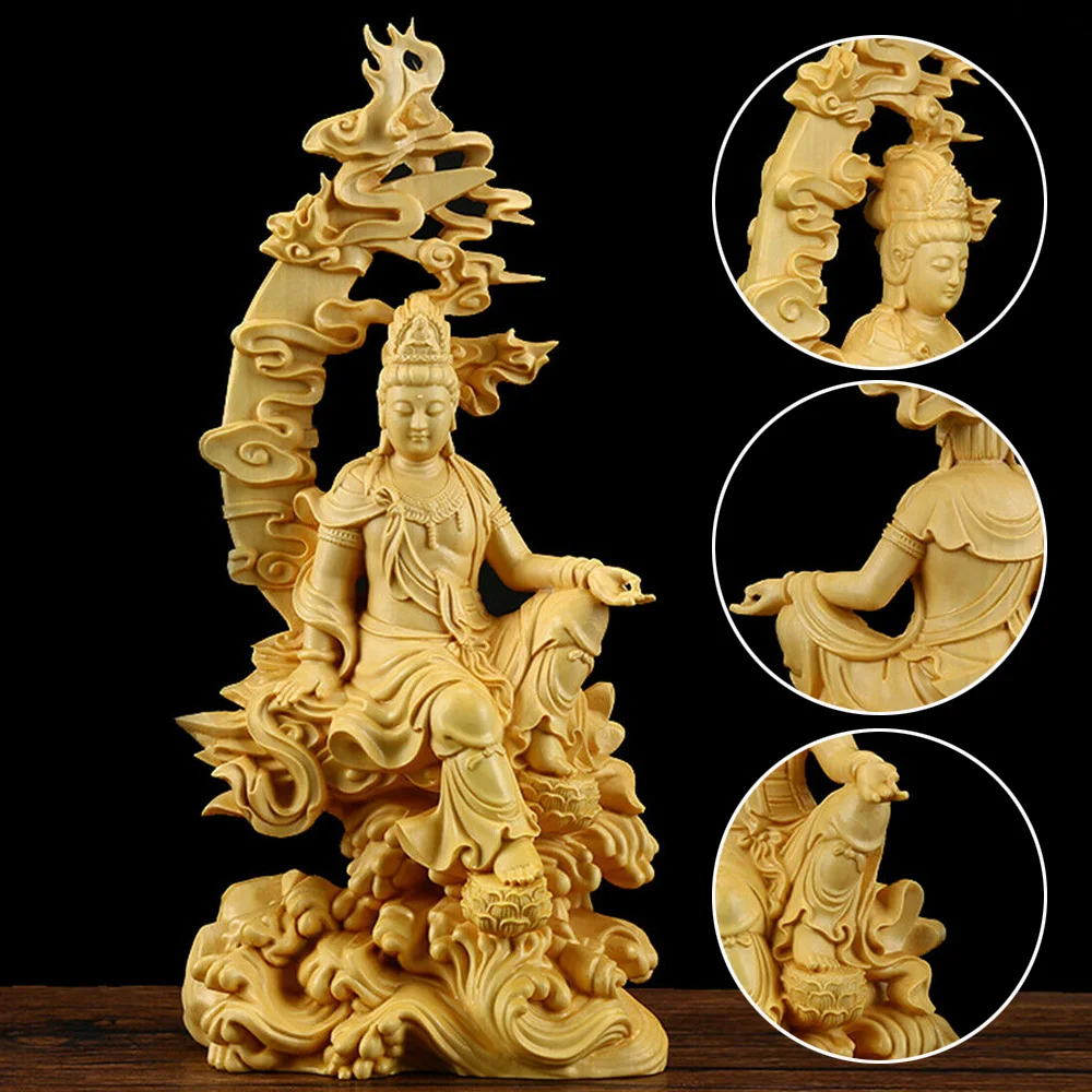 Chinese Carving Crafts Kwan-yin Guanyin Buddha Statue Bodhisattva Sculpture Craft Wood Home Living Room Decor