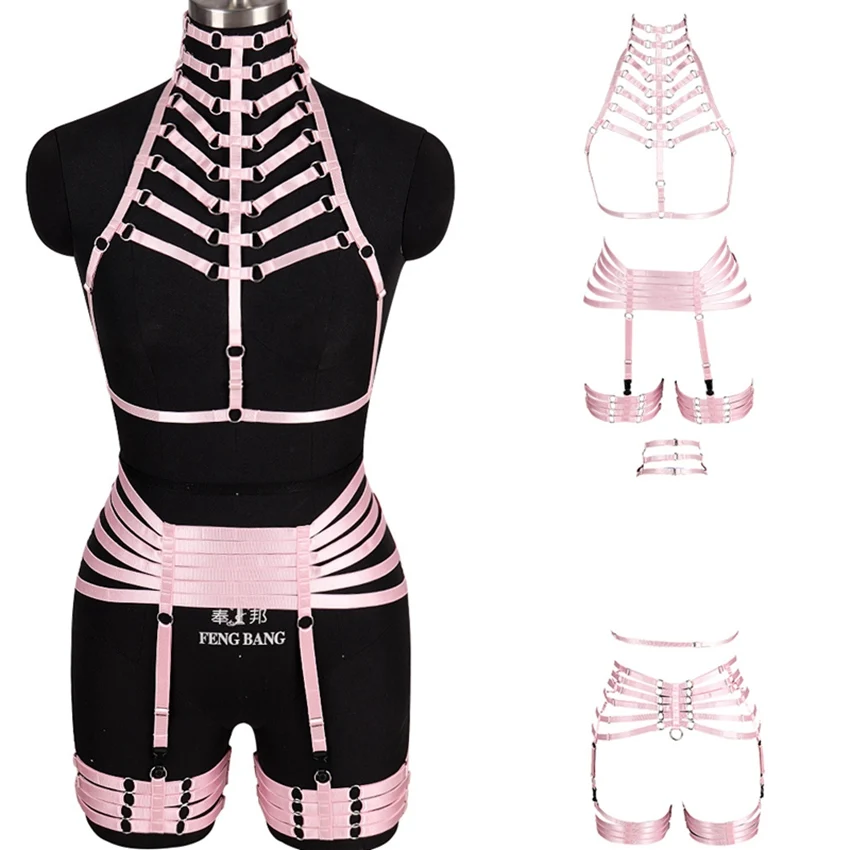 

Pink Body Harness Sexy Lingerie Set Cage Bra Strap Tops Hollow Out Bondage Chest Belt Goth Cupless Bralette Plus Size Dance Rave