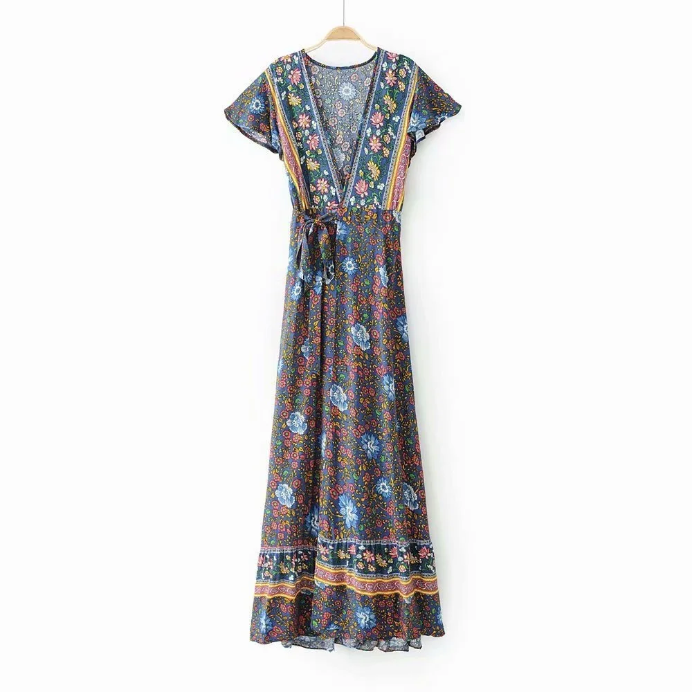 Spring New Products Western Style Flower Printed Short Sleeve Deep V-neck Lace-up Waist Hugging Slimming Dress Women Dress S3048
Spring New Products Western Style Flower Printed Short Sleeve Deep V-neck Lace-up Waist Hugging Slimming Dress Women Dress S3048