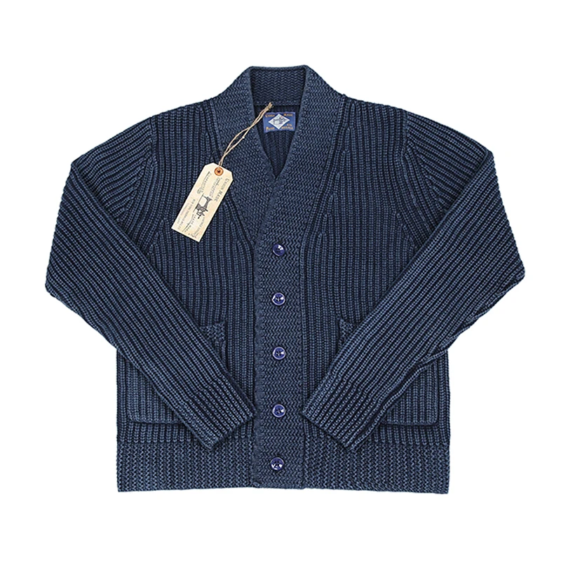 

BOB DONG Vintage Workwear Robe Indigo Cotton Cardigan Men V-Neck Sweater Blue