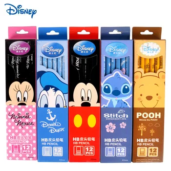 

Disney Wood Pencil Mickey Cartoon Student Children Stationery 12 Boxed HB Leather Pencils Random Styles