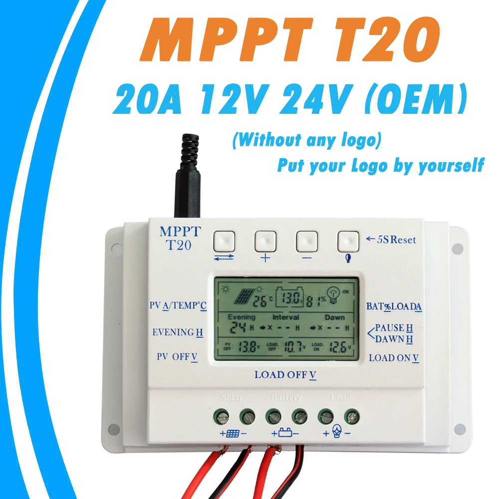 OEM 12V/24V LCD Display 20A MPPT Solar Panel Battery Regulator Charge Controller T20 LCD
OEM 12V/24V LCD Display 20A MPPT Solar Panel Battery Regulator Charge Controller T20 LCD