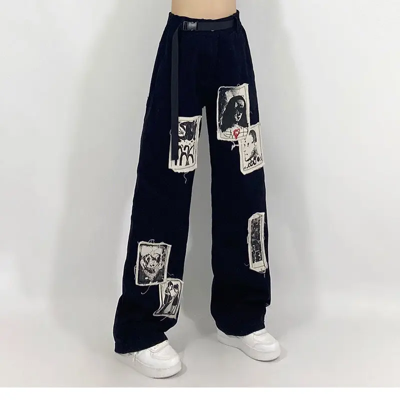 Гранж-панк пэчворк черные женские хип-хоп Уличная одежда принт широкие брюки 90-х