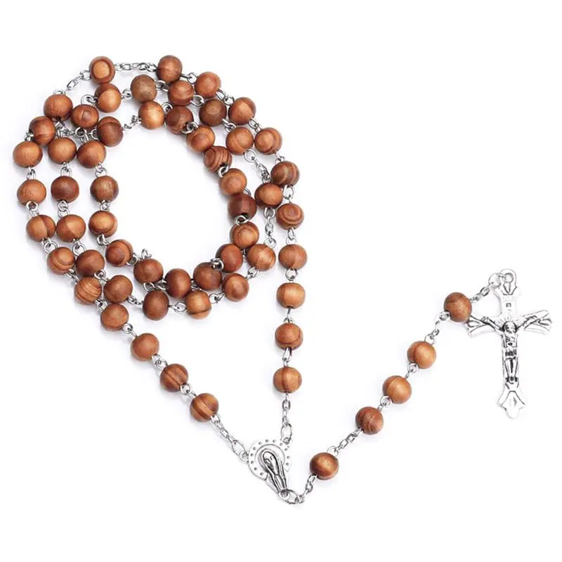 Handmade Round Bead Catholic Rosary Cross Religious Wood Beads Necklace Gift