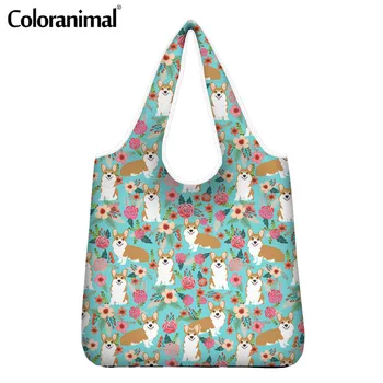 

Coloranimal Functional Female Grocery Bags Large Tote Shopper Bags Lady Pretty Flower and Cute Dog Print Eco-Friendly Bag Bolsos