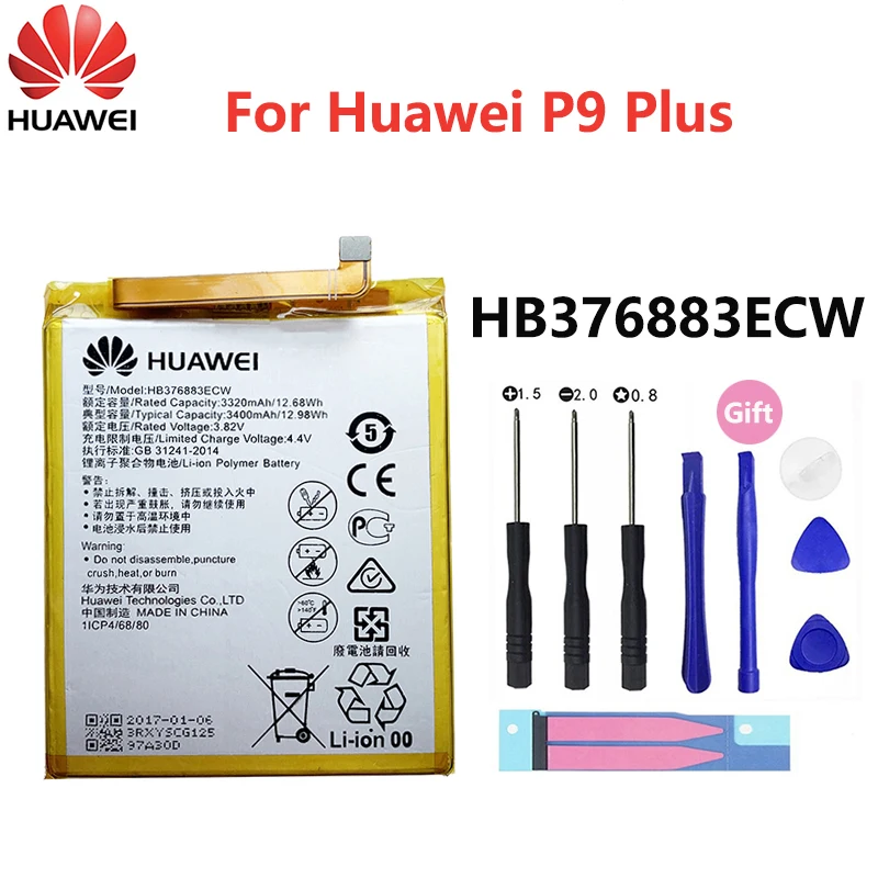 

100% Orginal Hua Wei Rechargeable HB376883ECW 3400mAh For Huawei Ascend P9 Plus VIE-AL10 Genuine Replacement Batteries