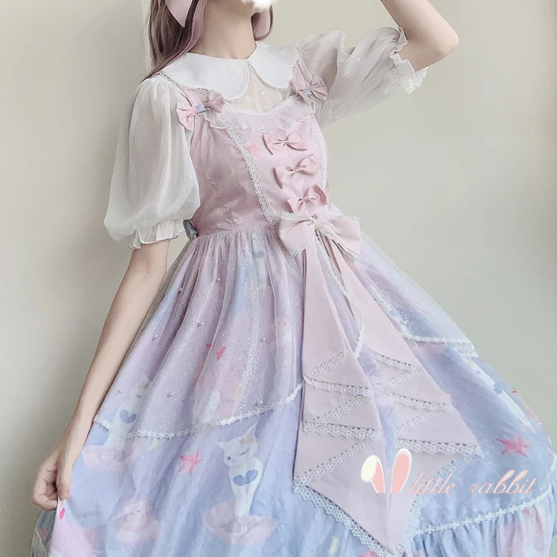 

Vintage princess tea party sweet lolita dress palace lace bowknot cute printing high waist victorian dress kawaii girl jsk loli