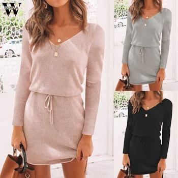 Womail Dress Women New Fashion V-Neck Solid Long Sleeve Autumn Winter Women Mini Dress pink Irregular Lace-up Elegant Party
Womail Dress Women New Fashion V-Neck Solid Long Sleeve Autumn Winter Women Mini Dress pink Irregular Lace-up Elegant Party