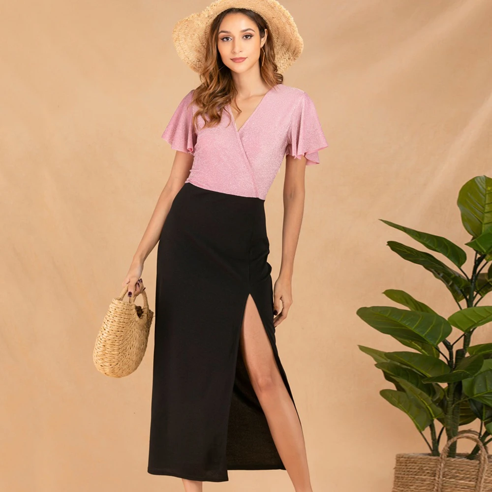 Summer Dress Women V-Neck Flutter Sleeve High Waist Two Color Dress Splice Split Vintage Ladies Dress
Summer Dress Women V-Neck Flutter Sleeve High Waist Two Color Dress Splice Split Vintage Ladies Dress