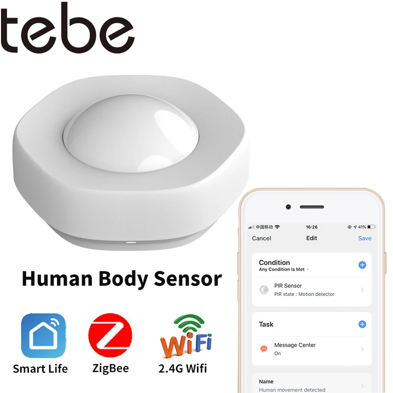 Датчик человеческого тела tebe, умный инфракрасный датчик движения с Wi-Fi, охранная сигнализация, совместима с приложением Tuya Smart Life
Датчик человеческого тела tebe, умный инфракрасный датчик движения с Wi-Fi, охранная сигнализация, совместима с приложением Tuya Smart Life