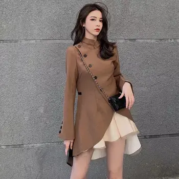 Vintage single-breasted collar collar irregular fake two-piece dress lady autumn contrast color mesh temperament office vestido
Vintage single-breasted collar collar irregular fake two-piece dress lady autumn contrast color mesh temperament office vestido